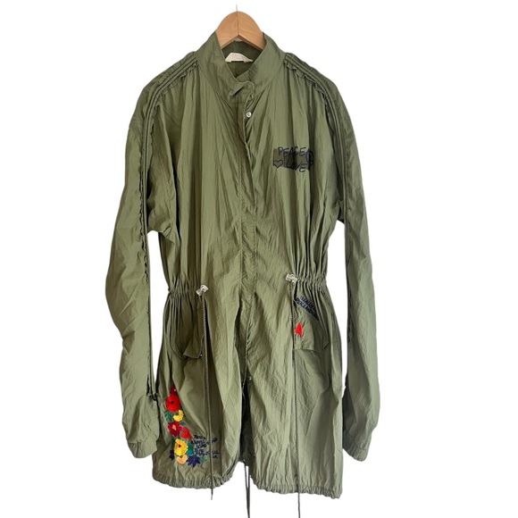 Trench coat windbreaker parachute ruched embroidered large peace environ… - Picture 1 of 12